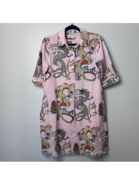 Dizzy Lizzie Dragon Pink Shirt Dress Womens Small Linen Asian Boho Artsy